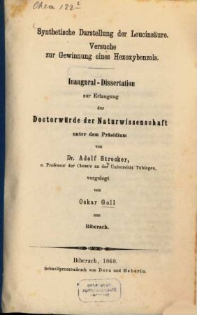 Synthetische Darstellung der Leucinsäure : Versuche zur Gewinnung eines Hexoxybenzols. Inaug. Diss