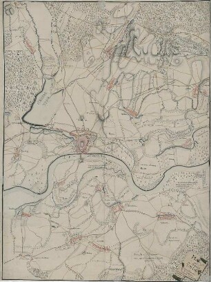 Karte der Gegend um Torgau, Handzeichnung, um 1760? : Plan von der Gegend Torgau / gezeichnet von W. D. Francke. - [S.l.] , [um 1760?]. - 1 Kt. : kolor. Handzeichng. ; 58 x 79 cm