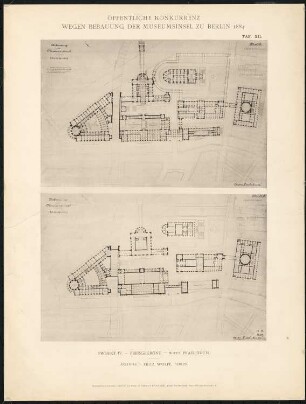 Wettbewerb Museumsinsel, Berlin: Projekt IV, Grundriss 1. OG, 2. OG (aus: Concurrenzentwürfe wegen Bebauung d. Museumsinsel zu Berlin. Auswahl d. preisgekrönten u. besten Entwürfe, Berlin 1884)