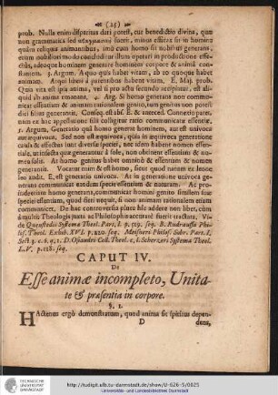 CAPUT IV. De Esse animae incompleto, Unitate & praesentia in corpore.