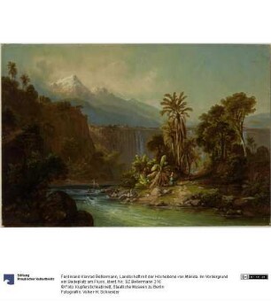 Landschaft mit der Hochebene von Mérida. Im Vordergrund ein Badeplatz am Fluss