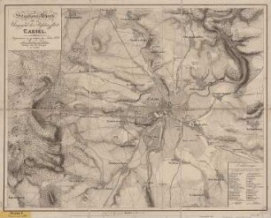 Umgebungskarte von Kassel, ca 1:25 000, Lithogr., 1832 : Situations-Charte über die Umgegend der Residenzstadt Cassel / aufgenommen u. gezeichnet von C. L. Kraus. Lith. v. J. C. Arnold. - [Ca. 1:25 000]. - Cassel : Krieger , 1832. - 1 Kt. : Lithogr. ; 58 x 46 cm