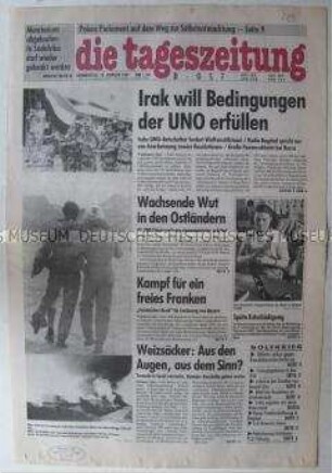 Fragment der Ost-Ausgabe der "tageszeitung" überwiegend zum Krieg im Irak sowie zu den Kosten der deutschen Einheit