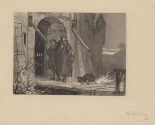 Faust und Wagner erreichen nach dem Osterspaziergang das Stadttor. Entwurf zu einer Illustration zu Faust I