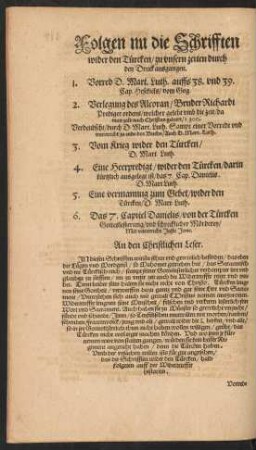 Folgen nu die Schrifften wider den Türcken ...
