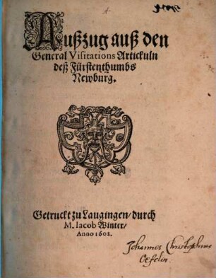 Außzug auß den General Visitations Artickuln deß Fürstenthumbs Newburg