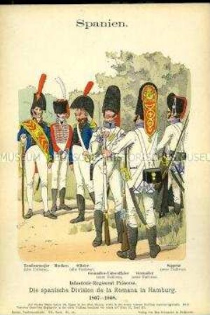 Uniformdarstellung, Tambour-Major, Musiker, Offizier, Grenadier-Unteroffizier, Grenadier und Sappeur der Infanterie, Königreich Spanien, 1807/1808.