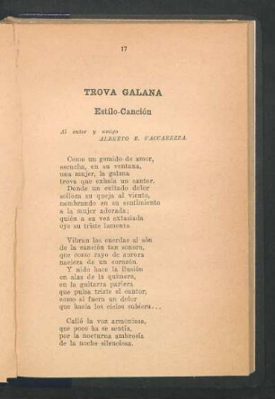 Trova Galana : Estilo-Canción. - Al autor y amigo Alberto B. Vaccarezza.