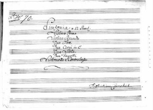Symphonies, WolC 73, C-Dur - BSB Mus.ms. 1881 : [cover title:] Sinfonia a 12 Strom[enti]: // Violino Primo // Violino Secundo // Due Oboe // Due Corni in C // Due Viole // Due Fagotti // Violoncello e Controbasso [!] // Di Christiano Cannabich // N r o [crossed out:] 73 [with red:] 70