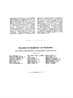 Verzeichnis der Buchhändler und Buchdrucker von welchen Verlagswerke in diesem Hefte angezeigt sind