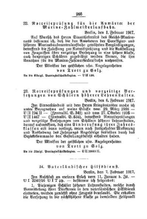 Notreifeprüfung und vorzeitige Versetzungen von Schülern höherer Lehranstalten : [D. Höhere Lehranstalten für die männliche Jugend]
