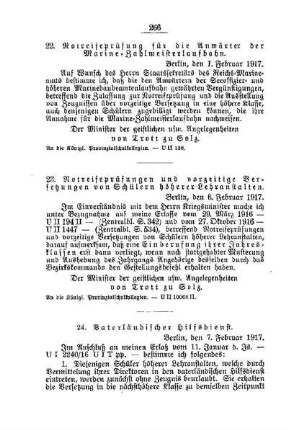 Notreifeprüfung und vorzeitige Versetzungen von Schülern höherer Lehranstalten : [D. Höhere Lehranstalten für die männliche Jugend]