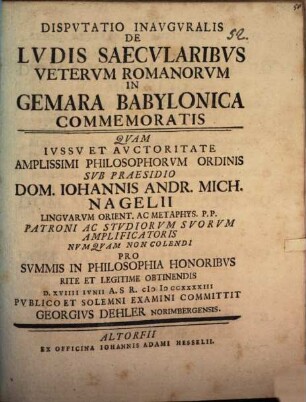 Dispvtatio Inavgvralis De Lvdis Saecvlaribvs Vetervm Romanorvm In Gemara Babylonica Commemoratis