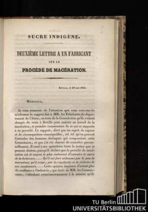 Sucre indigène. Deuxième lettre a un fabricant sur le procédé de maceration