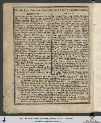 Verzeichniß der ankommen- und abgehenden Posten in der k. k. Hauptstat Freyburg.