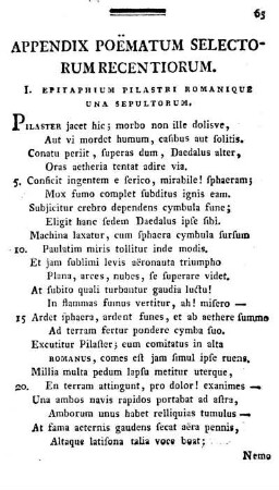 Appendix Poëmatum Selectorum Recentiorum.