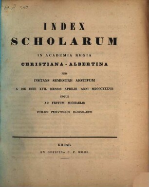 Index scholarum in Academia Regia Christiana Albertina, SS 1837