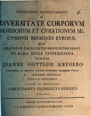 Diss. phys. med. de diversitate corporum, morborum et curationum secund. regiones Europae
