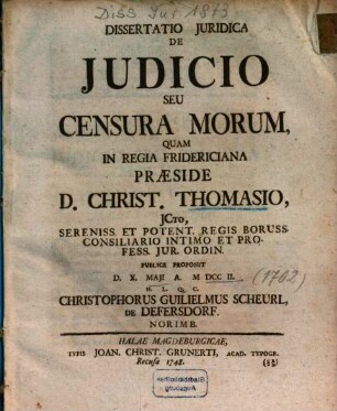 Dissertatio Juridica De Judicio Seu Censura Morum