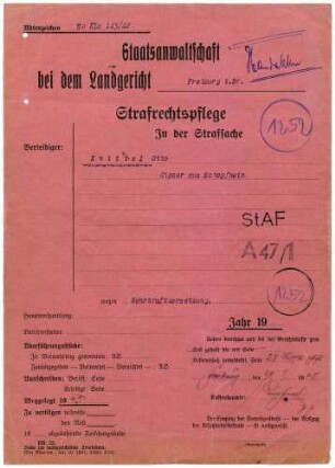 Angeklagter: Knittel, Otto (Gipser); Lörrach *28.03.1883 in Schopfheim; + ? Delikt: Wehrkraftzersetzung Tatort: Lörrach Tatzeit: November 1942