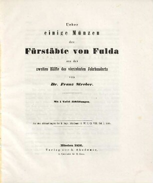 Ueber einige Münzen der Fürstäbte von Fulda aus der zweiten Hälfte des vierzehnten Jahrhunderts