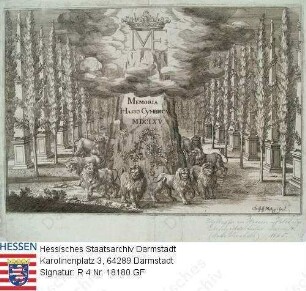 Marie Elisabeth Landgräfin v. Hessen-Darmstadt geb. v. Holstein-Gottorp (1634-1665) / Gedenkstein zum Tod der Landgräfin in Allee von Obelisken stehend, von Löwen umringt