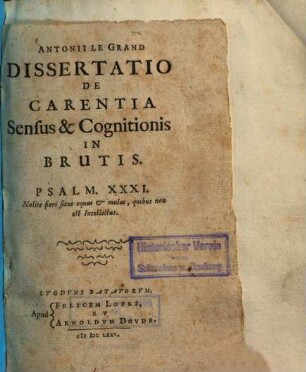 Dissertatio de carentia sensus et cognitionis in brutis