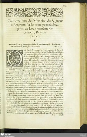 Cinquiéme livre Des Memoire du Seigneur d' Argenton, sur les principaux faicts & gestes de Louis onziéme de ce non Roy de France