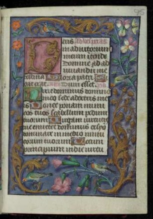 Miniatur-Seite (Versper): D(eus in adiutrium); Trompe l'oeil-Rahmen mit Blütenzweigen und Insekten