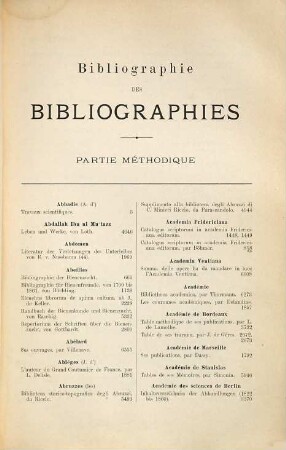 Bibliographie des bibliographies, Seconde partie. Répertoire des mêmes bibliographies par ordre alphabétique de matières