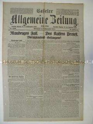 Regionale Tageszeitung "Casseler Allgemeine Zeitung" zum Kriegsgeschehen in Frankreich, Maubeuge wird eingenommen