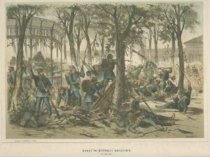 Kampf im Kissinger Kurgarten, 1866, württ. Truppen im Handgemenge mit preussischen Einheiten, Schusswechsel, Seitengewehreinsatz