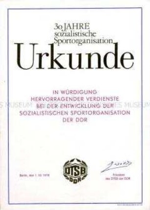 Urkunde "30 Jahre sozialistische Sportorganisation" (blanko)