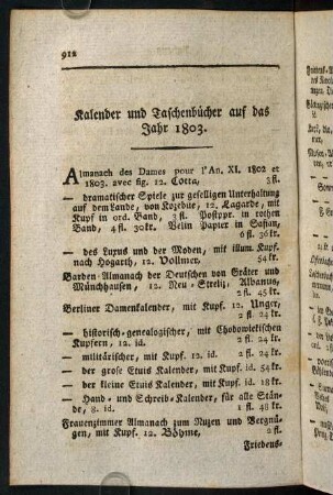 912-914, Kalender und Taschenbücher auf das Jahr 1803.