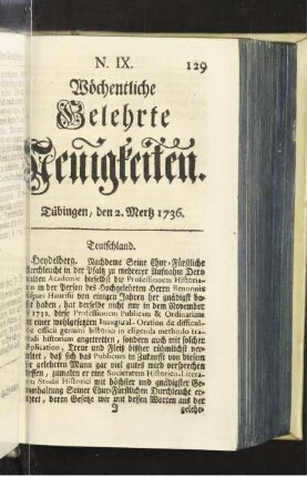 N. IX. Tübingen, den 2. Mertz 1736