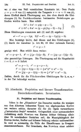 XI. Abschnitt. Projektion und lineare Transformation. Dreieckskoordinaten. Invarianten
