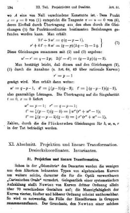 XI. Abschnitt. Projektion und lineare Transformation. Dreieckskoordinaten. Invarianten