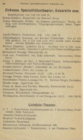 Zirkusse, Spezialitätentheater, Kabarette usw. ; Lichtbild-Theater