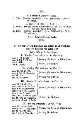 Termine für die Prüfungen der Lehrer an Mittelschulen sowie der Rektoren im Jahre 1880