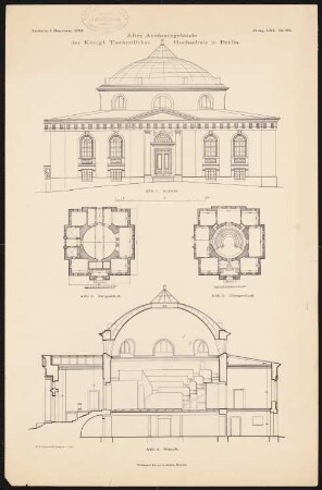 Tierarzneischule, Berlin: Anatomisches Theater: Grundrisse, Erdgeschoss und Obergeschoss, Aufriss, Schnitt (Bauaufnahme v. E.P. Riesenfeld, 1911)