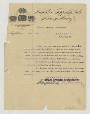 Brief an G. Kleinhempel : Brief von Krefelder Teppichfabrik an Gertrud Kleinhempel; Briefpapier mit Münzen und Bankverbindung der Fabrik bedruckt.
