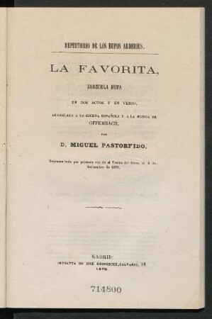 La favorita : zarzuela bufa en dos actos y en verso