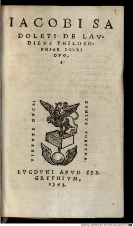 Iacobi Sadoleti De Lavdibvs Philosophiae Libri Dvo