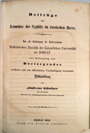 Beiträge zur Kenntniss der Syphilis im russischen Heere : Inaug. Diss.