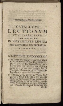 1774: Catalogus Lectionum Et Publicarum Et Privatorum In Universitate Lipsiensi ... Habendarum