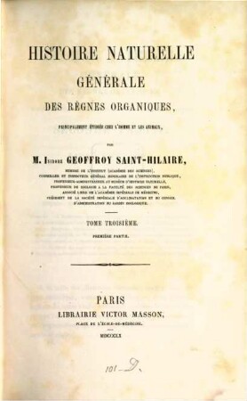 Histoire naturelle générale des règnes organiques : principalement étudiée chez l'homme et les animaux, 3