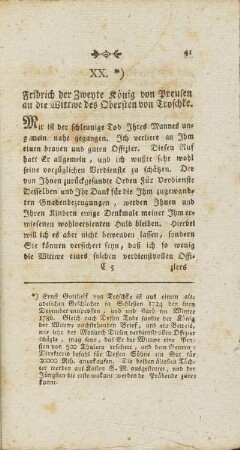 XX. Brief. Fridrich der Zweyte König von Preusen an die Wittwe des Obersten von Troschke