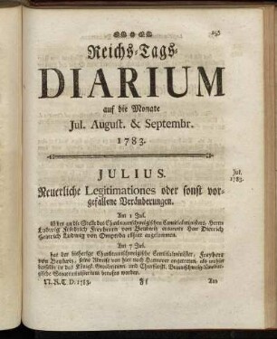 Reichs-Tags-Diarium auf die Monate Jul. August. & Septembr. 1783.