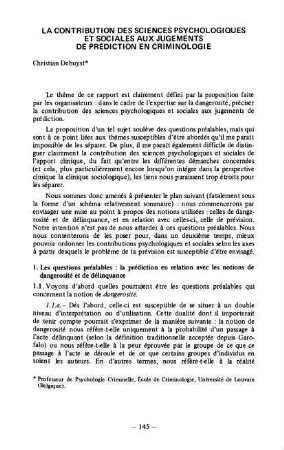 145-156, La contribution des sciences psychologiques et sociales aux jugements de prédiction en criminologie