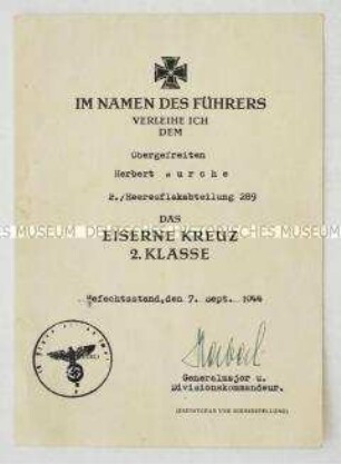 Urkunde zum Eisernen Kreuz 2.Klasse - Personenkonvolut
